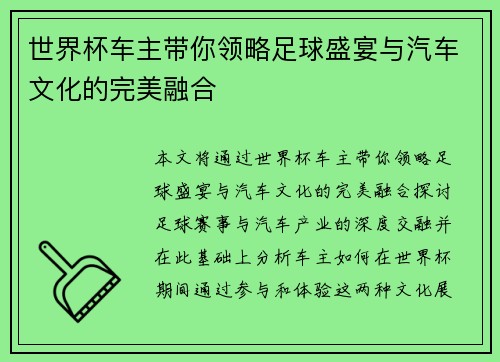 世界杯车主带你领略足球盛宴与汽车文化的完美融合