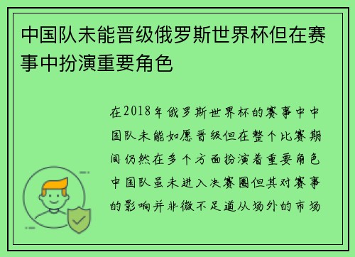 中国队未能晋级俄罗斯世界杯但在赛事中扮演重要角色
