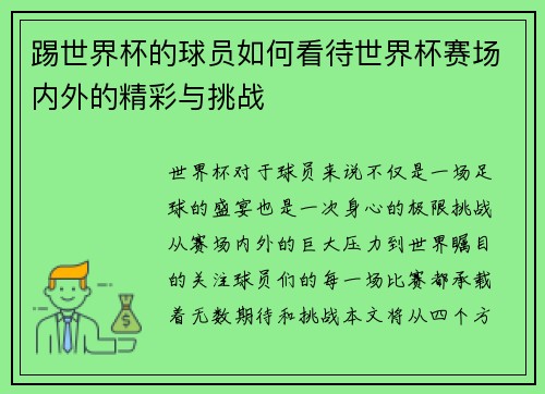 踢世界杯的球员如何看待世界杯赛场内外的精彩与挑战